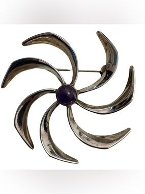 Vintage (MCM) Sterling Silver Swirl Brooch with Amethyst Centre – 2” diameter